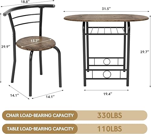 Miniatura 7 de Flamaker Mesa de comedor para 2, juego de mesa redonda y sillas de 3 piezas, mesa de cocina pequeña para desayuno, mesa de grano de madera y estante