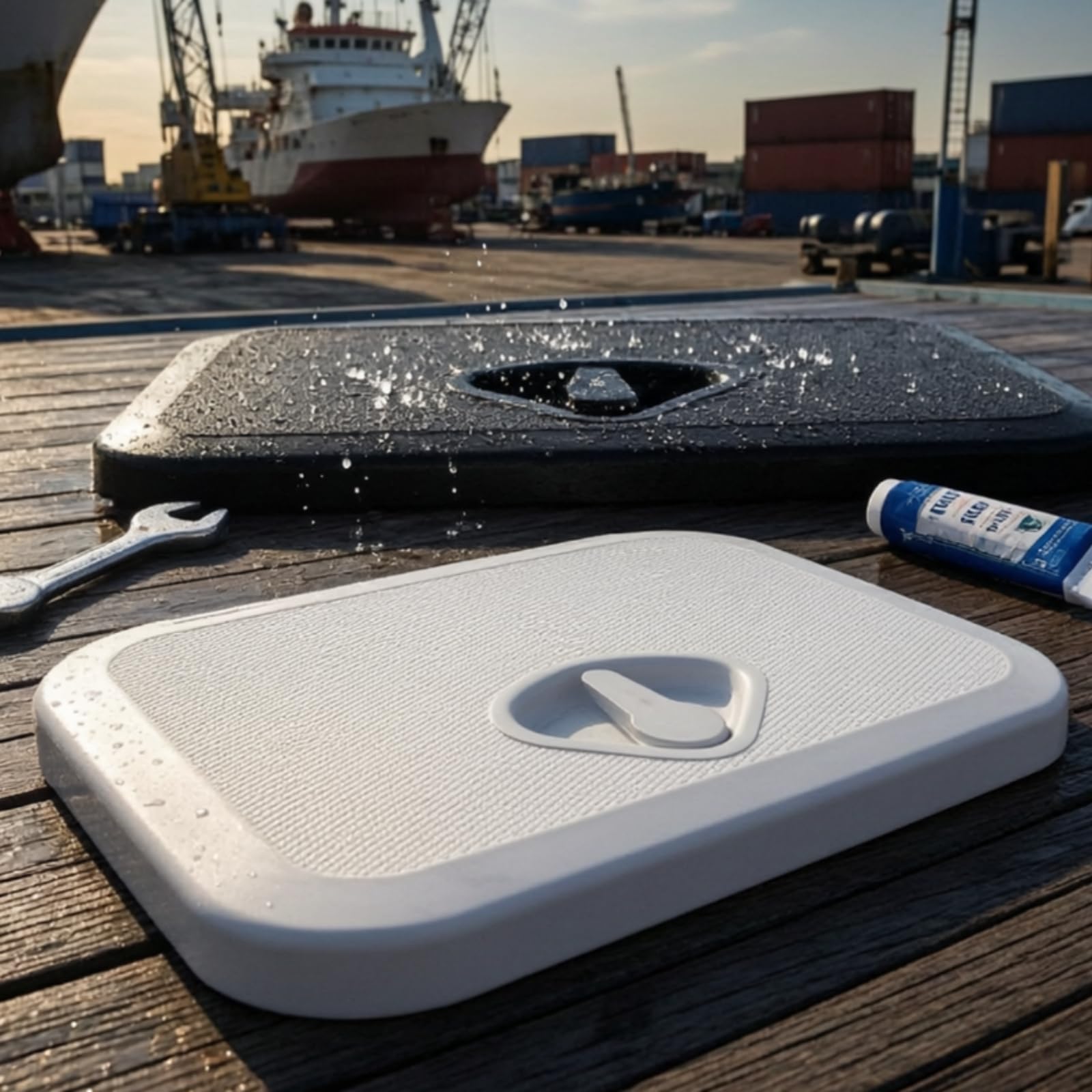 Portello Marino con Telaio Impermeabile, Bianco, 270-375 | Boccaporto con Coperchio Incernierato, Antiscivolo, Botola Quadrata, per Barca, Vano Portaoggetti, Cantieri nautici