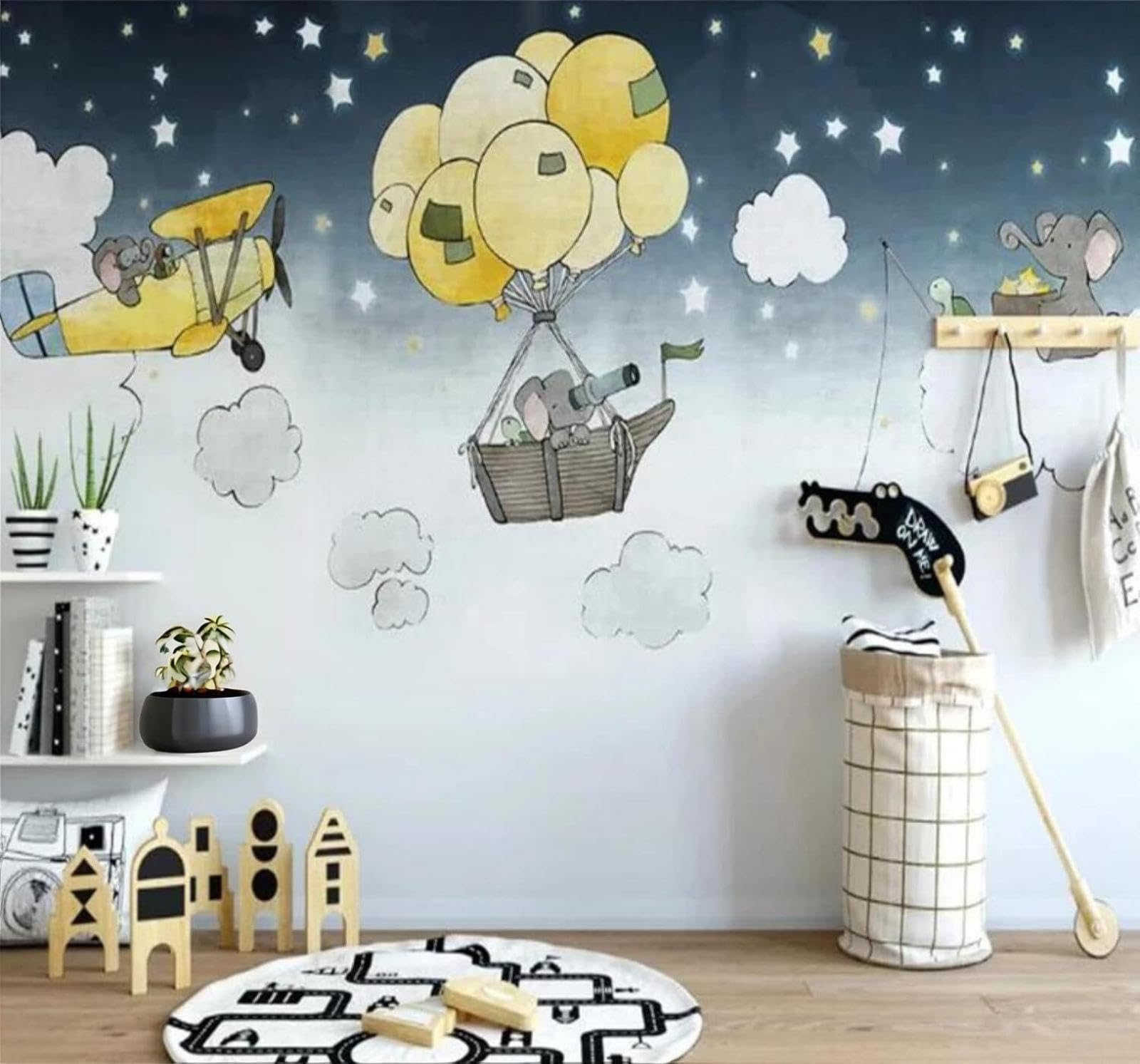 XLMING Hand Drawn Sky Elephant Balloons Aeroplane 3D Wallpaper Luxury Silk Study Dining Feature Sofa Grey Bedroom Living Room Tv Decorative Wall-300cm×210cm