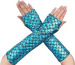 Long Gloves Mermaid Adult, Shiny Tortoise Gloves, Cosplay Fingerless Gloves Mermaid Arm Sleeves for Women Girls Halloween Party Carnival Prom Costume Accessories