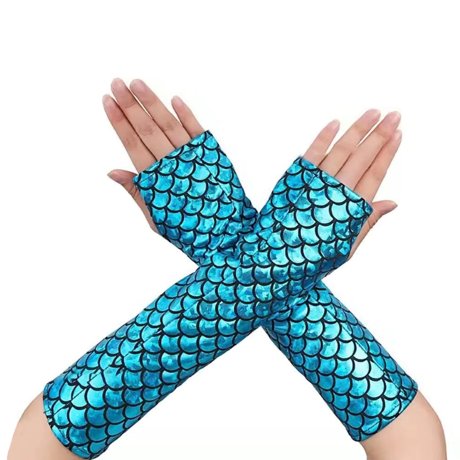 Azonelife Mermaid Arm Sleeves, Fish Scale Fingerless Long Gloves Elbow Length, Cosplay Party Gloves Costume Accessories for Women Girls Ladies Halloween Stage Shows Carnival Masquerade (Blue)