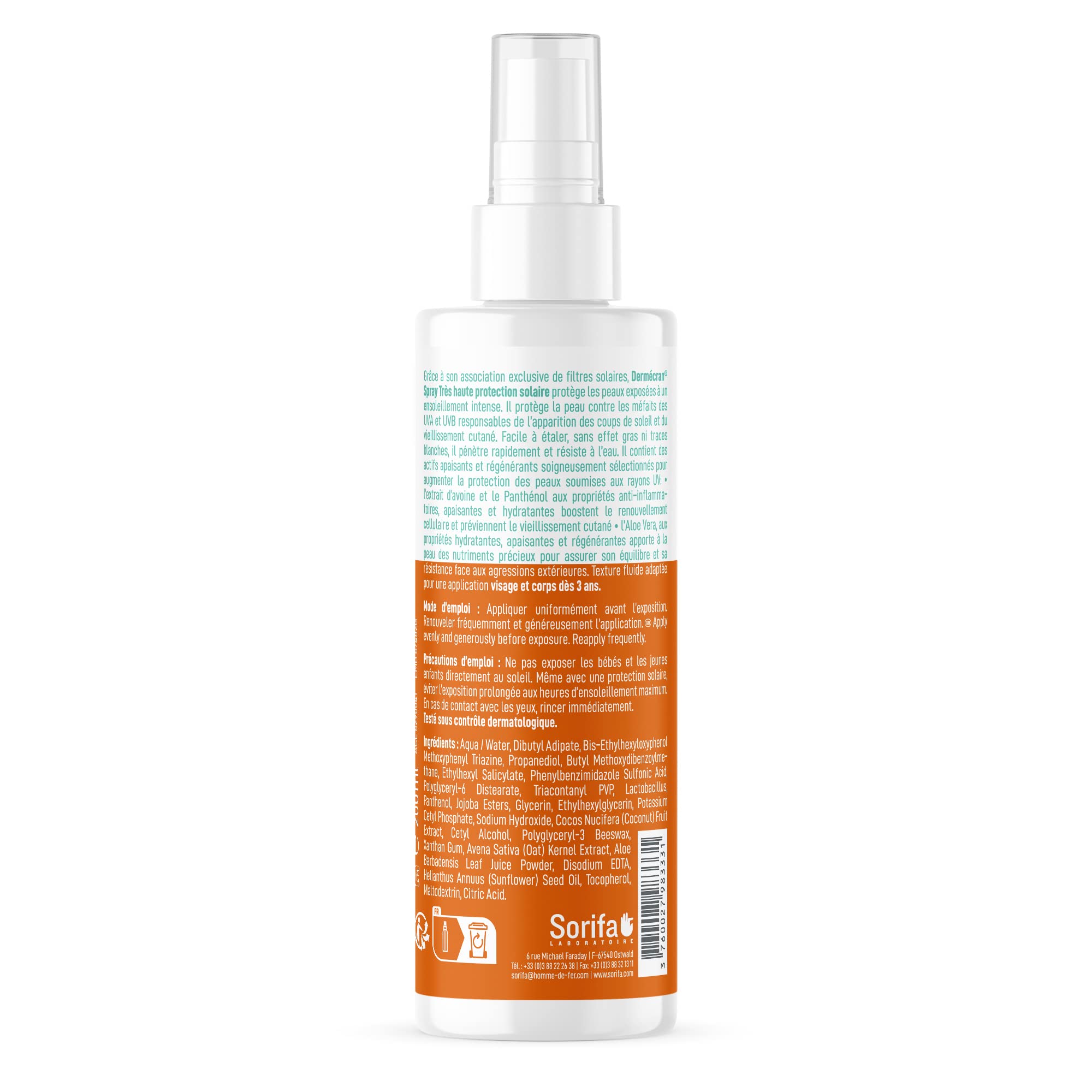 Set di 24 - Dermécran - Spray solare SPF50+ - Viso e corpo - Formula Ocean Friendly - Resistente all'acqua - Per tutta la famiglia dai 3 anni - Made in France - Spray da 200 ml