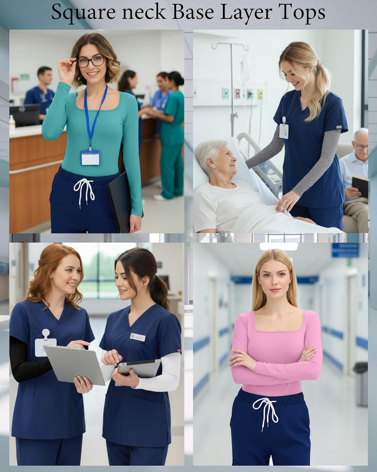 Oakgarden 5 Pack Womens Underscrub Shirts Long Sleeve Square Neck Slim Fit Tops Basic Layering Undershirts for Nurse
