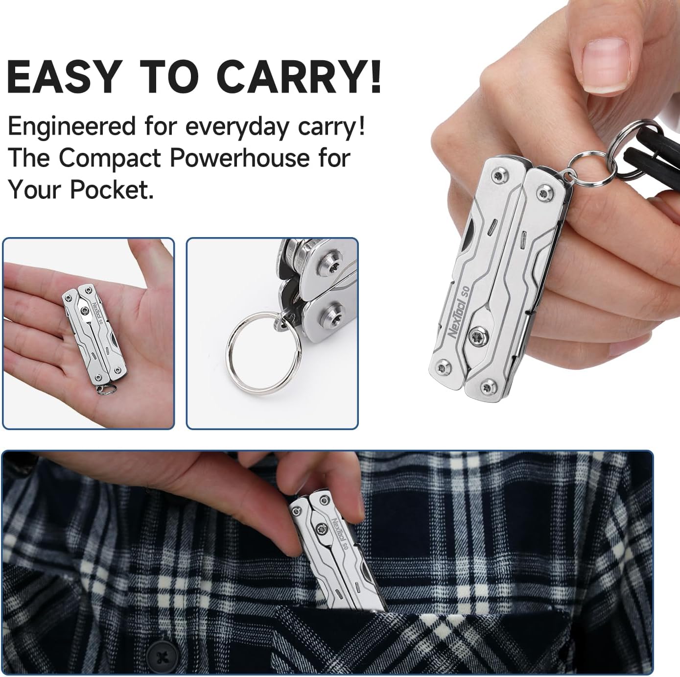 Images showing the eyeglass screwdriver, bottle opener, Phillips screwdriver, and flat-head screwdriver in use