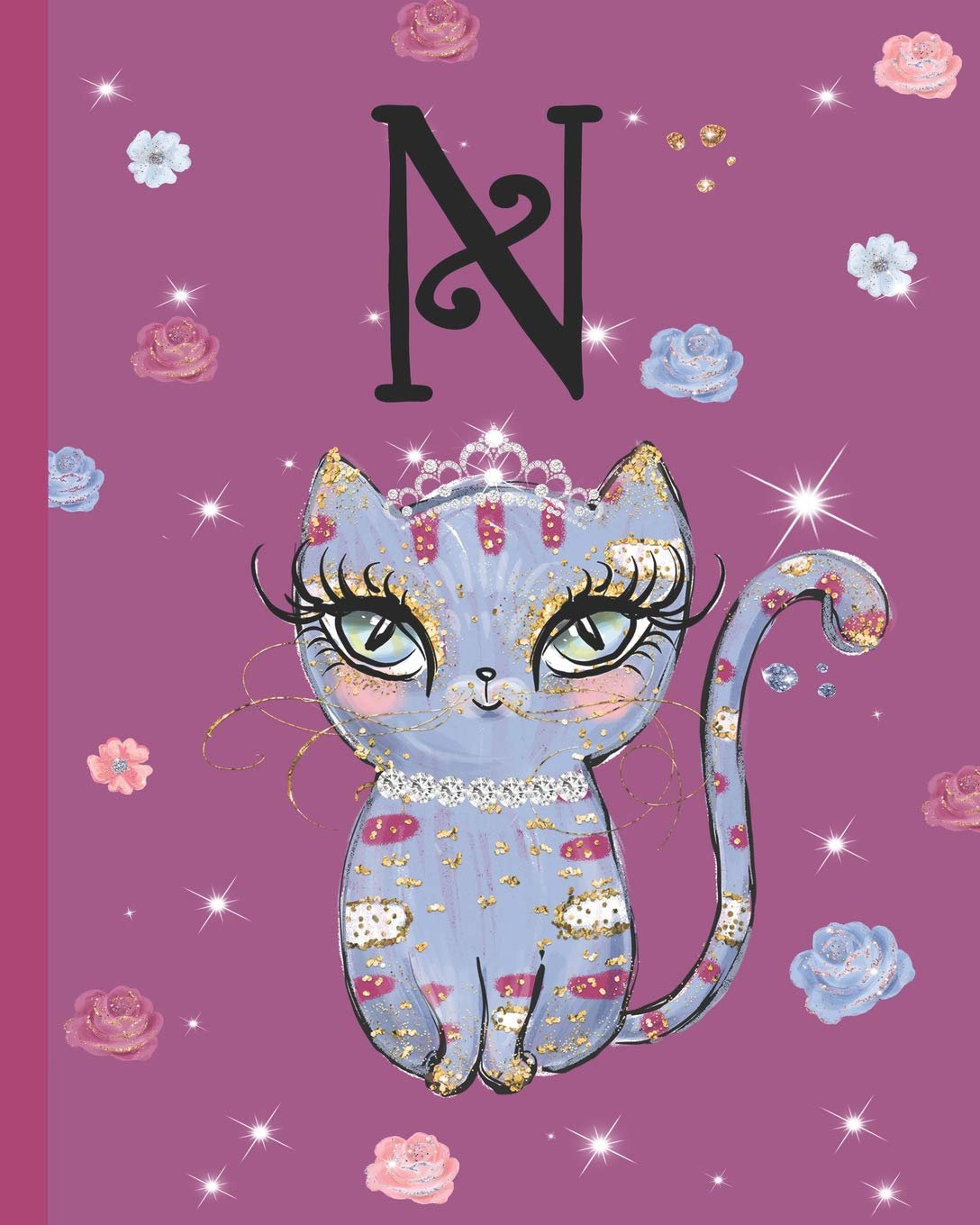 N: Kitty Cat Journal, personalized monogram letter N blank lined diary with interior pages decorated with kitty cats and flowers.