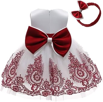 3M-6T Toddler Girls Lace Bowknot Dresses Baby Embroidery Gown Dress with Headwear