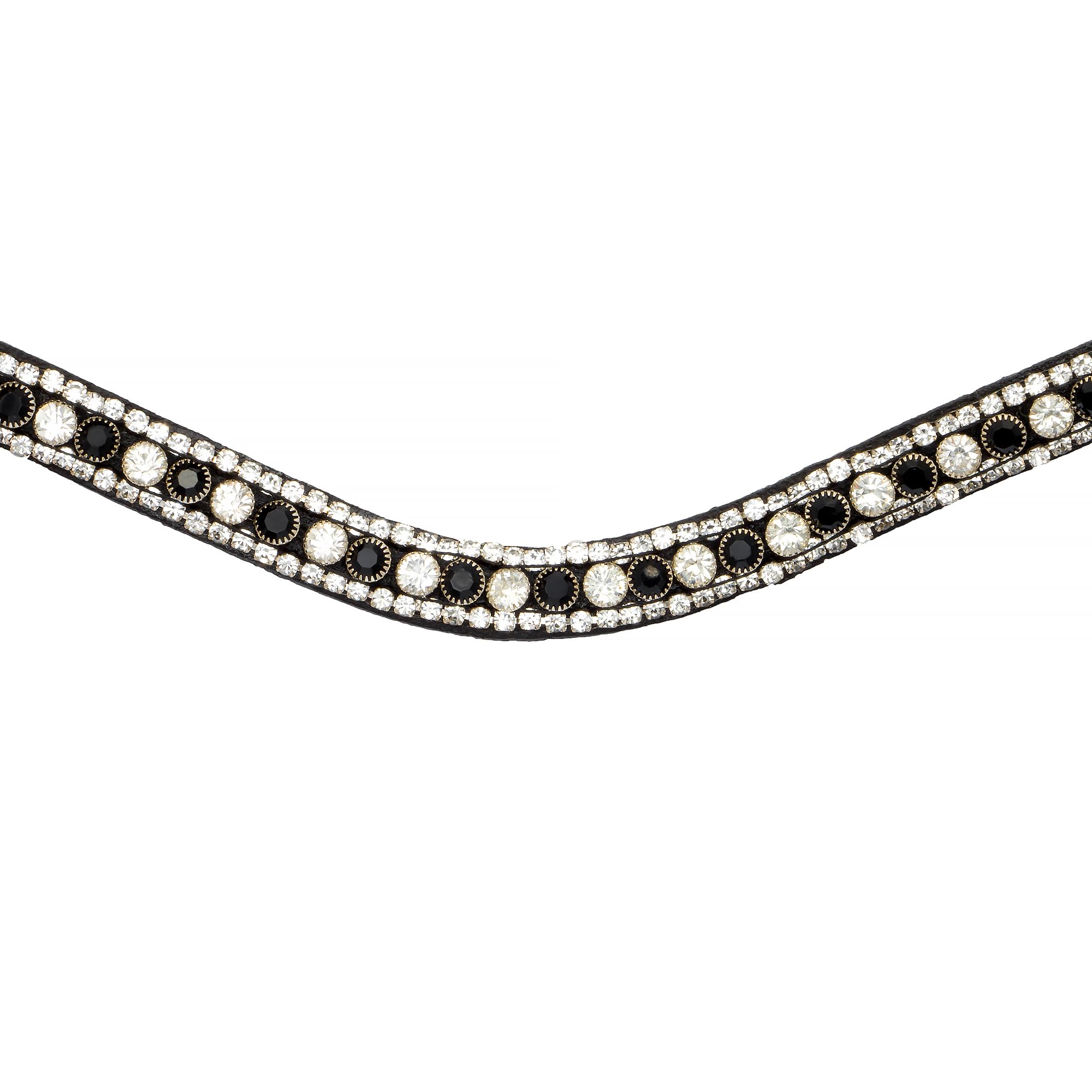 Stirnriemen Pferd Leder geschwungen Kristall Glitzer gepolstert Stirnband Zaumzeug – elegant für Dressur & Show – Hebe (Schwarz/Silber, Pony)