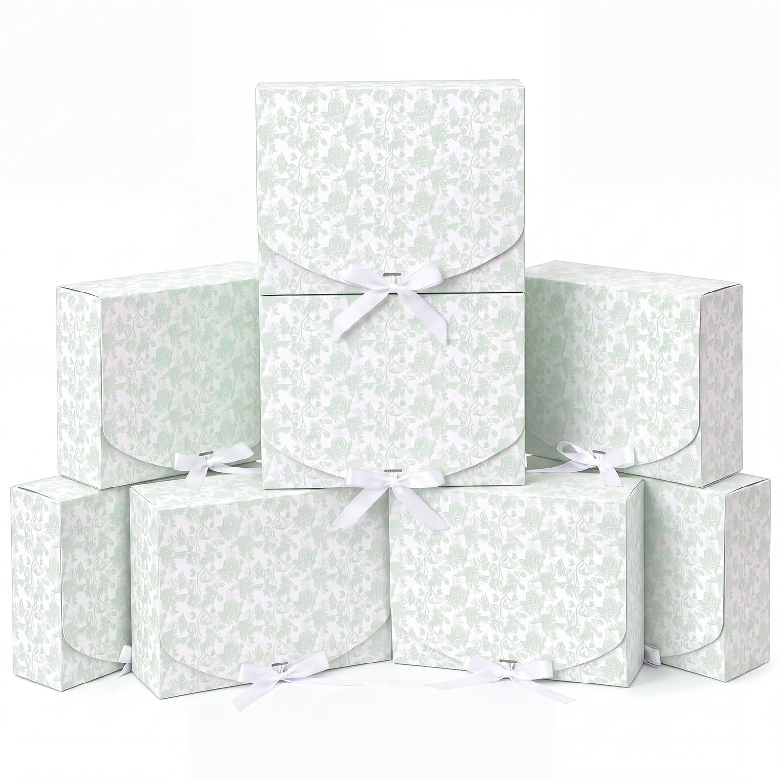 Kolldenn Confezione da 8 scatole regalo verdi floreali per proposte di damigella d'onore con coperchio a nastro, 20 x 26,9 x 8,1 cm, scatola di carta vuota per matrimoni, matrimoni, baby shower