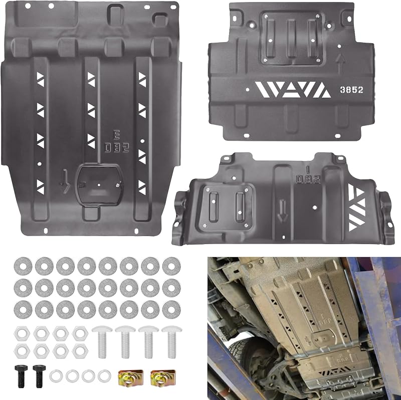 Manganese Steel Full Skid Plate Kit, Front Transmission Splash Guard Shield | Compatible with 2015-2022 Ford F150 models, steel version full skid plate package with front transmission splash guard shield