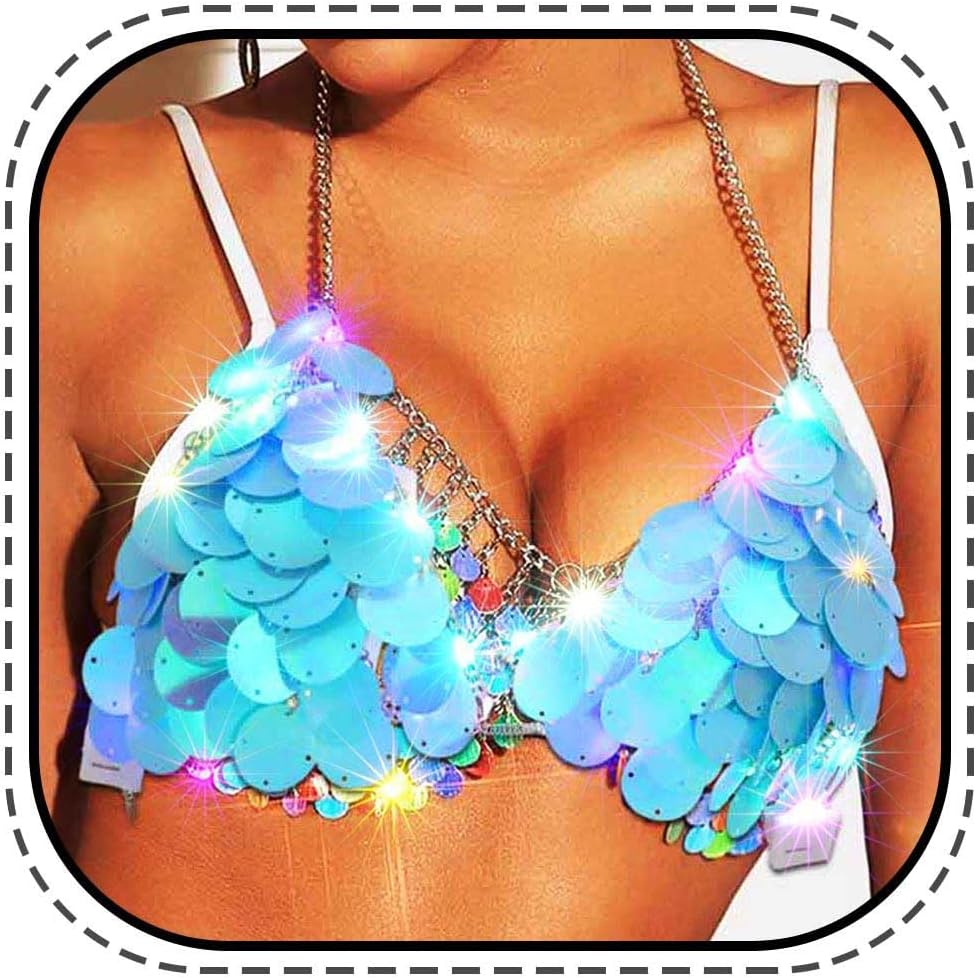 GRAEEN Light Up Sequin Mermaid Bra Top Sparkly Glow Rave Top Led Bikini Top for Women Blue