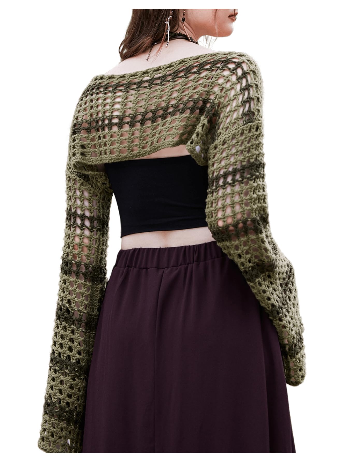 SHENHE Women's Hollow Out Knit Bolero Shrug Crochet Cropped Sweater Top Bell Long Sleeve Y2K Top: Large Army Green