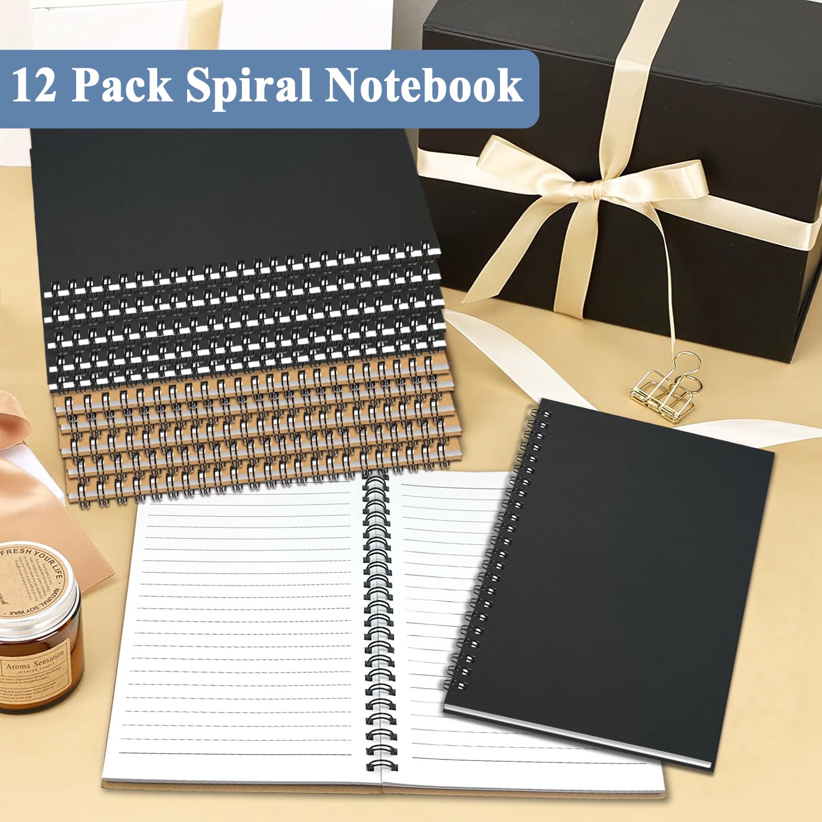 GINMLYDA Piccolo taccuino a spirale formato A5, confezione da 120 pagine a righe, 21 x 14 cm, colore nero e marrone, con copertina in carta kraft, quaderni e blocchi per appunti per scuola, casa