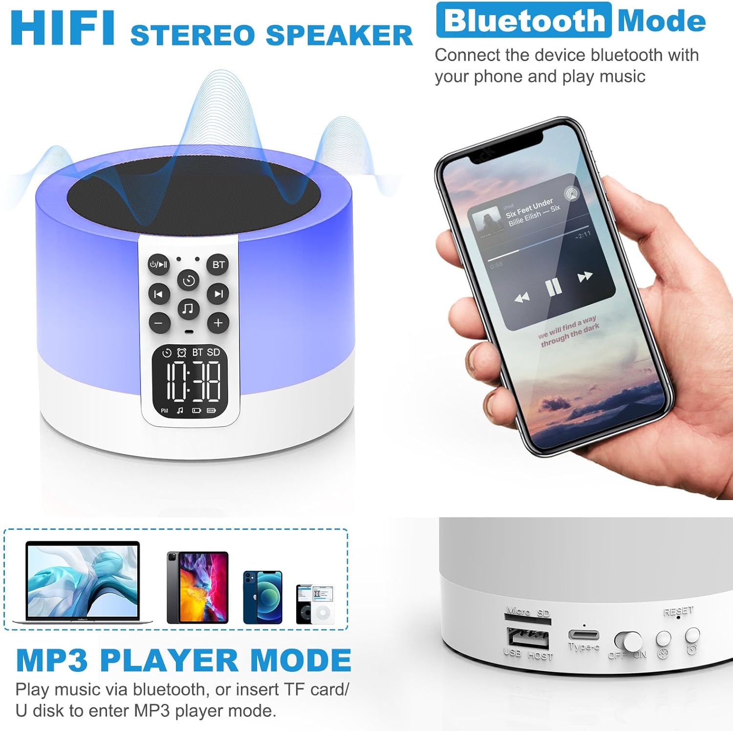 Night Light Bluetooth Speaker Alarm Clock, Sound Machine with White Noise, Dimmable Touch Bedside Lamp for Bedroom, 48 RGB Color Changing, Best Gifts for 10 11 12 13 14 15 Year Old Teenage Boys Girls - Image 3