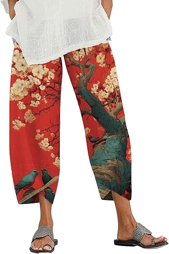 Womens Boho Floral Printed Wide Leg Pants Summer Retro Comfy Outfits Funny Crane Pattern Trendy Trousers