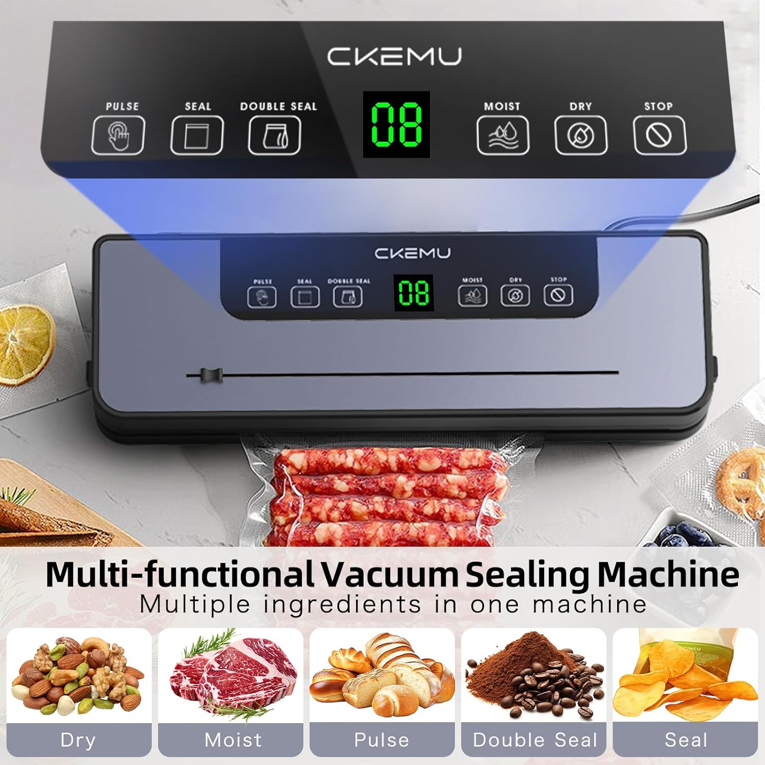 Food Vacuum Sealer Machine, 8-in-1 Food Sealer, Compact Design, 10s Sealing, Dry, Wet, Seal, Double Seal Mode, Built-in Cutter, with 20 Vacuum Bags