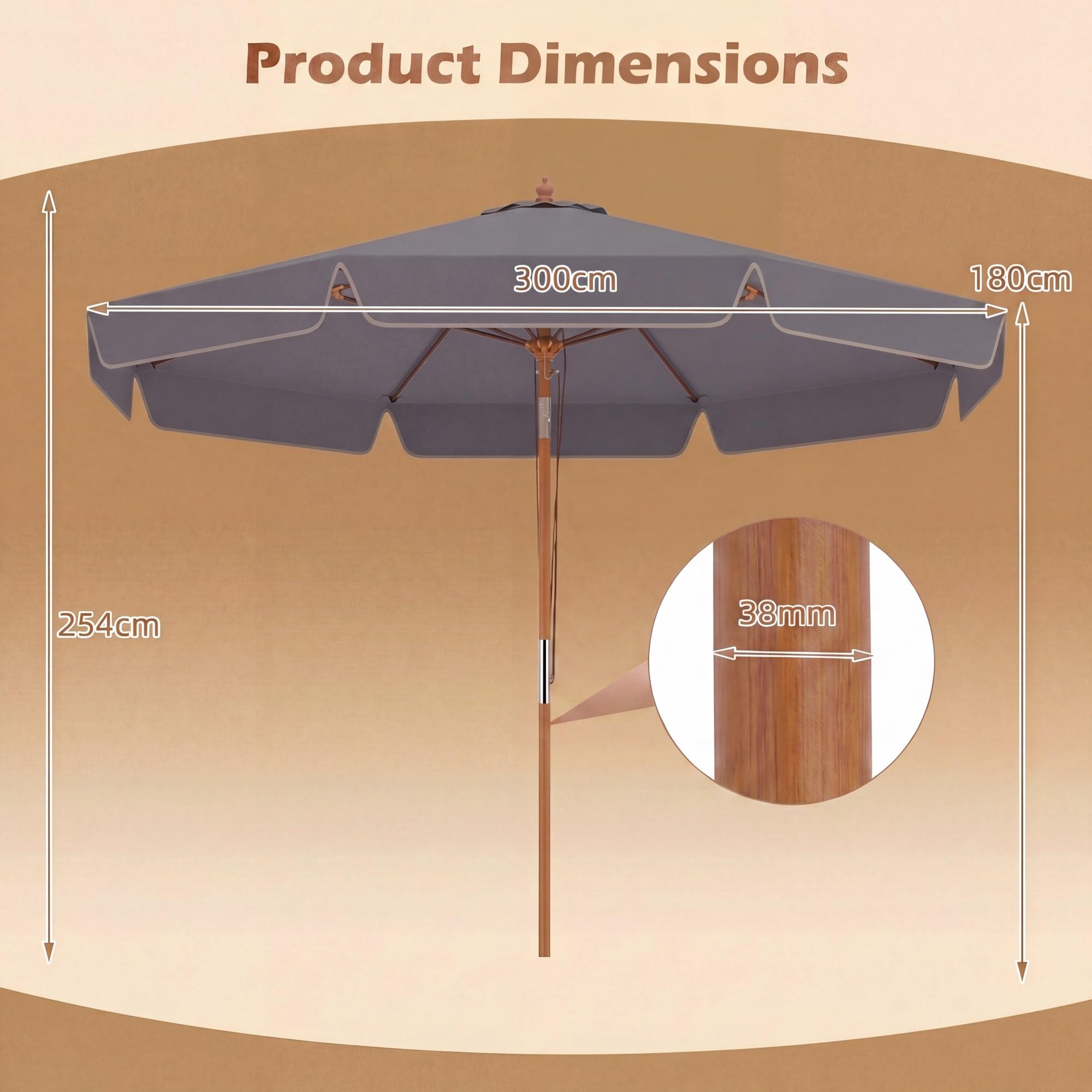 KOMFOTTEU Ø 3 m, parasol ogrodowy, drążek z drewna bukowego, parasol tarasowy, nachylenie 30°, 8 żeber z włókna szklanego, parasol tarasowy, wysokość 2,5 m, na piknik, do kawiarni, na balkon