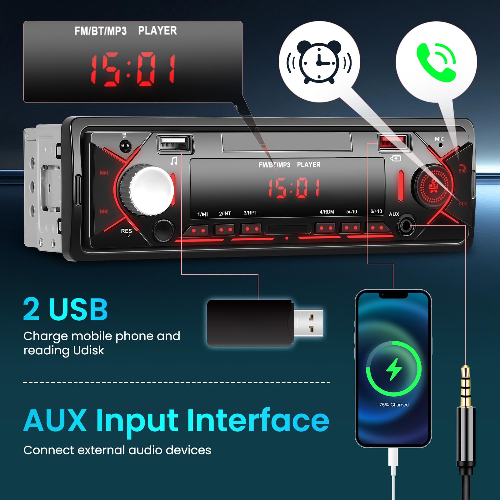1 Din Autoradio mit Bluetooth Verbindung, Radio 1 DIN mit FM, USB/SD/AUX-IN, Fernbedienung, LCD-Anzeige und Schnellladung