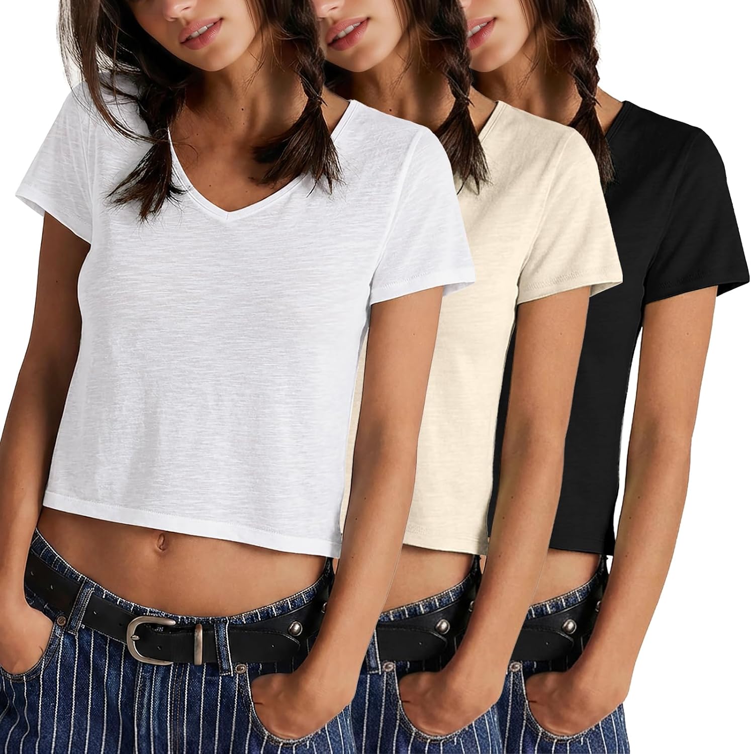 FAIABLE 3 Packs Womens V Neck Crop Tops Slub Cotton T Shirts Casual Short Sleeves Tee Summer Fashion Solid Basic Clothes 2026