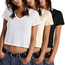 FAIABLE 3 Packs Womens V Neck Crop Tops Slub Cotton T Shirts Casual Short Sleeves Tee Summer Fashion Solid Basic Clothes 2026