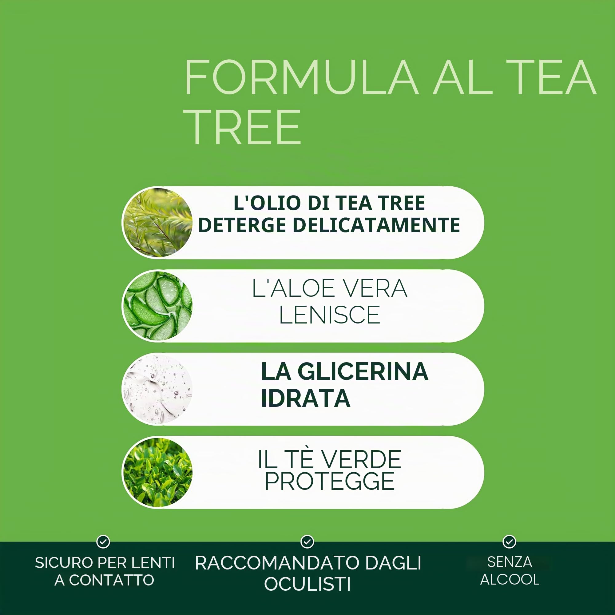 NOVEHA 180 salviette per palpebre e ciglia all'olio dell'albero del tè, con acido ialuronico, tè verde e camomilla, per blefarite e prurito agli occhi, salviette per ciglia confezionate singolarmente