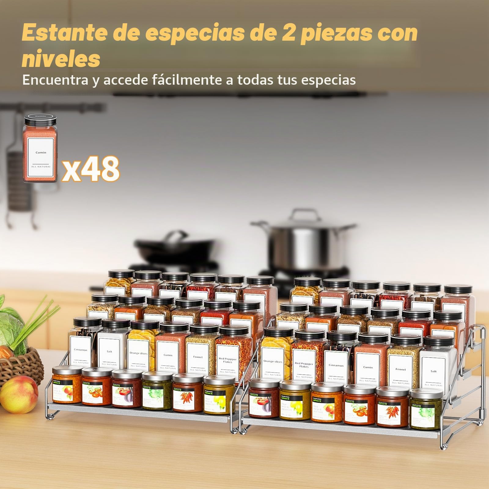 Especiero De 4 Niveles Para El Interior Del Armario, Especieros Para Cocina, Profundidad Ajustable Estante Cocina Para Mostrador, Armario, Despensa Gris (Pack de 2)