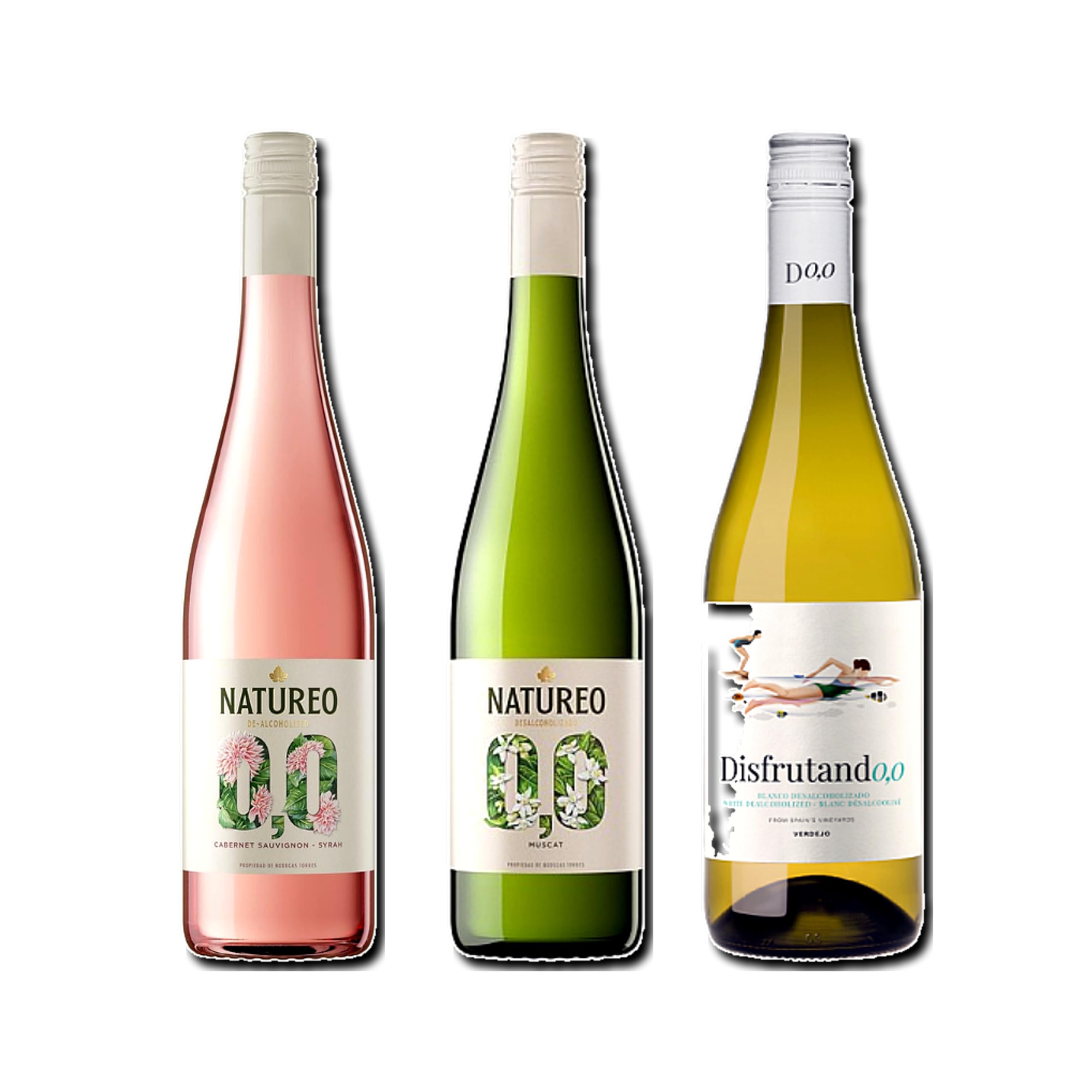 vino sin alcohol 0,0 Natureo Rosado, Natureo Blanco Muscat y Disfrutando 0,0 Blanco pack de 3 botellas 75cl