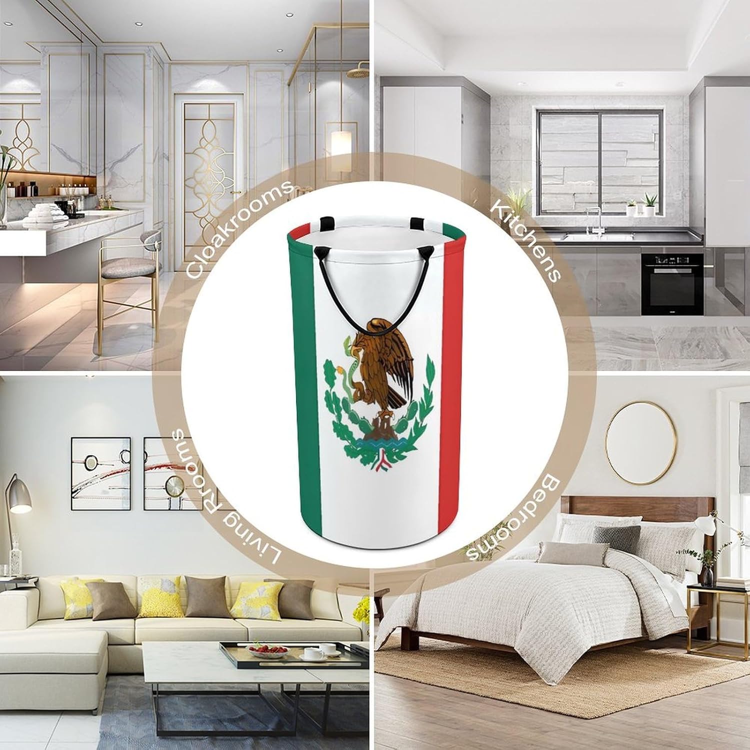 Flag of Mexico Laundry Hamper with Handles Waterproof Collapsible Laundry Basket Large Lightweight Round Dirty Clothes Hamper for Home Dorm Bathroom Decor