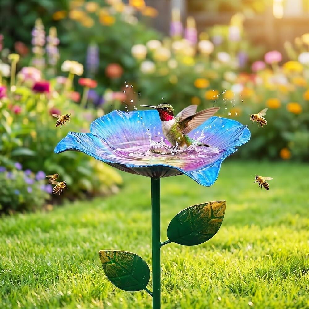 sloiaz Handmade Metal Flower Garden Stake, Colorful Butterfly Bee Water Feeder Bird Bath Bowl, Hummingbird Fountain Bee Watering Station Outdoor Yard Garden Decor(Blue,1PC)