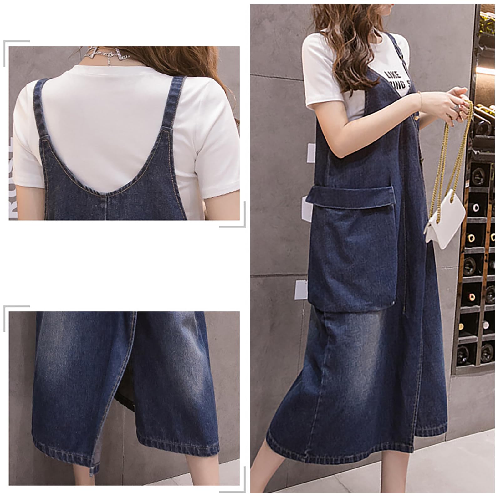Salopette Gonna Donna Jeans Lunga Vestito Salopette Overall Taglie Forti Denim Vestiti con Tasca