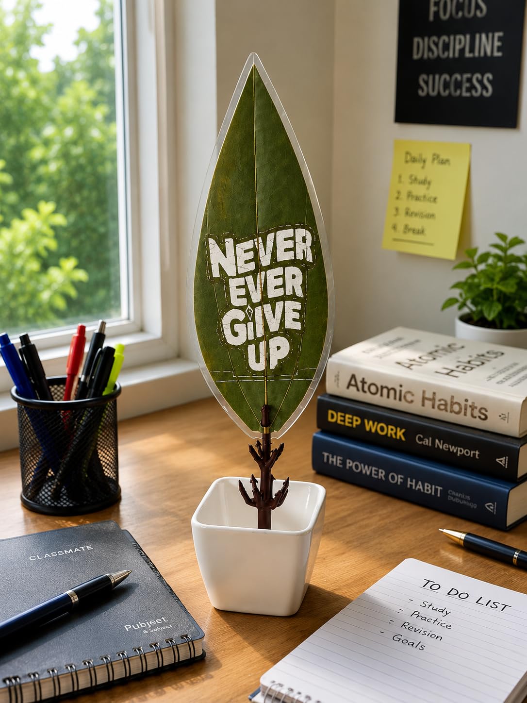 Never Ever Give Up Motivational Engraved Natural Bay Leaf in Decorative Pot | Inspirational Desk Decor for Study Table & Office | Positive Quote Gift for Students, Professionals & Entrepreneurs-image-44