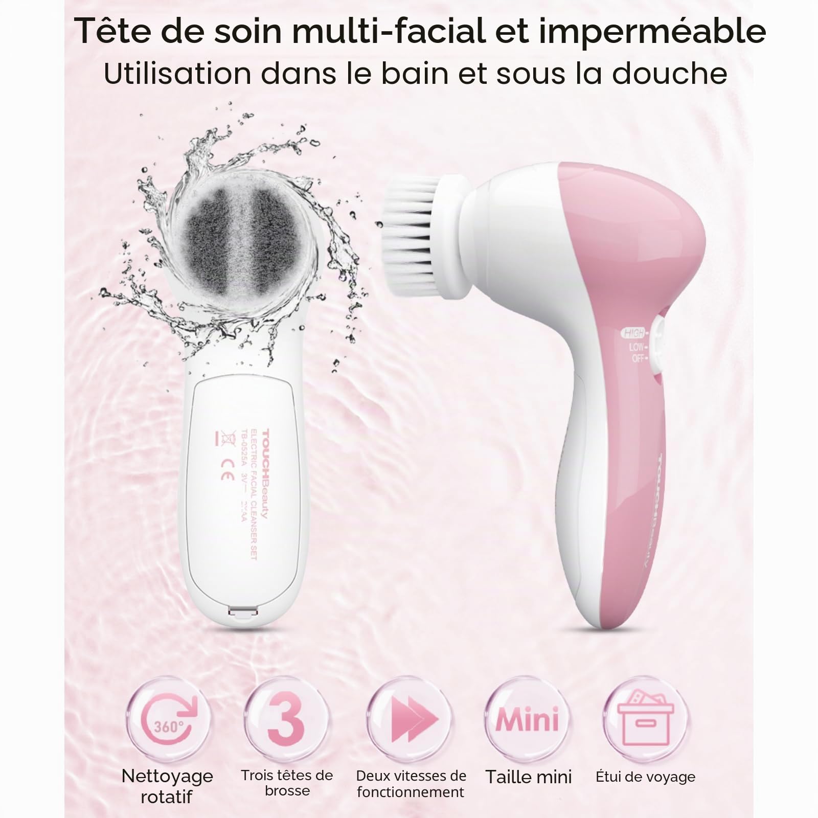 TOUCHBeauty Silicone Brosse Nettoyante Visage Électrique Pour Peau Sensible, 3 Têtes Interchangeables Et Étui De Voyage, 2 Vitesses Réglables, Nettoyage Profond Et Exfoliation Douce