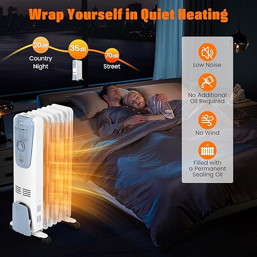 Miniatura 6 de Happygrill Radiador de calentador de aceite de 1500 W, calentador de espacio de aceite portátil con termostato ajustable, 3 ajustes de calor,