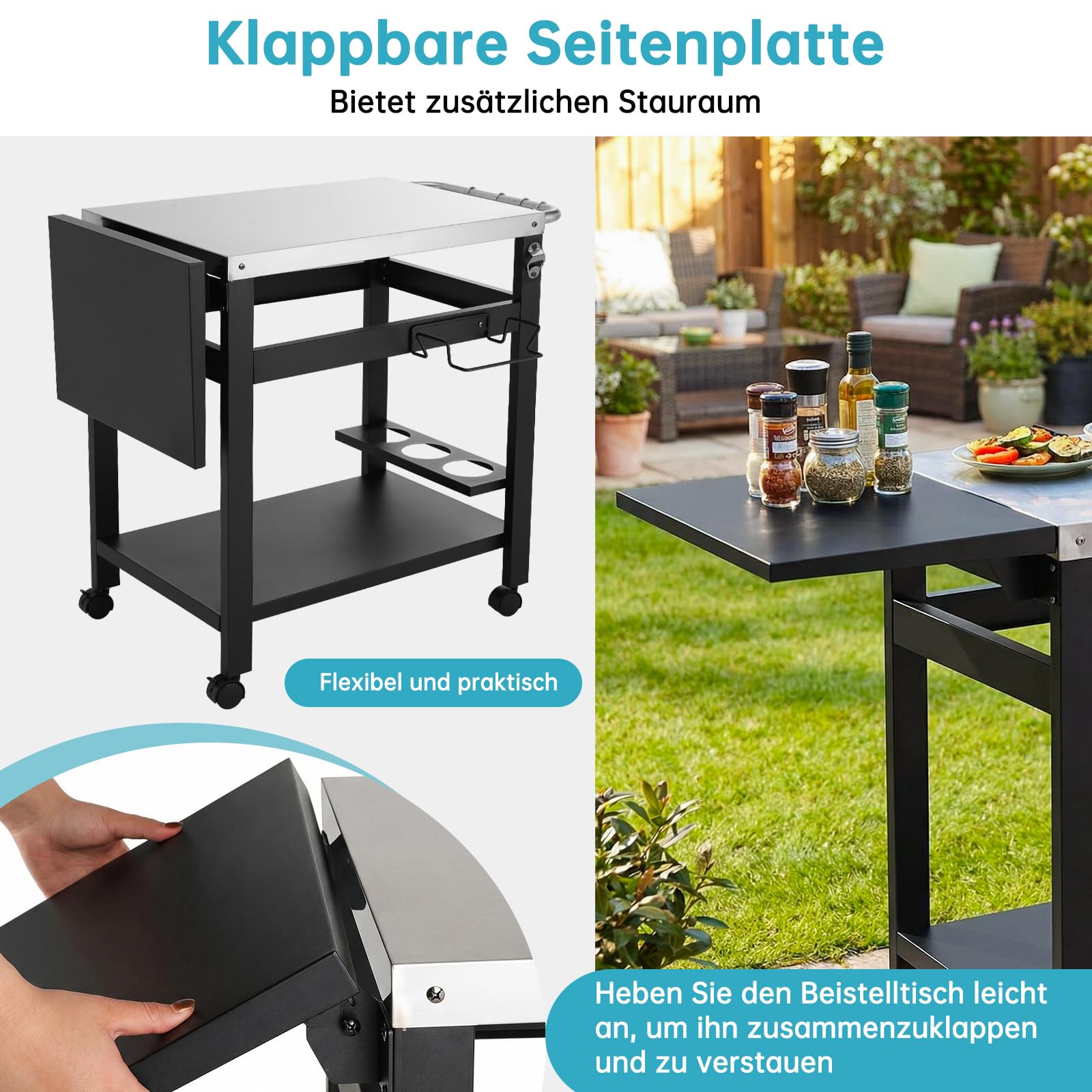 LIFERUN Desserte Barbecue Extérieur avec Table d'appoint Pliable, Chariot Plancha 2 Niveaux avec Dessus de Table en Acier INOX, Chariot de BBQ Pizza 4 Roues, pour Cuisine, Jardin et Fêtes, 116x48 cm