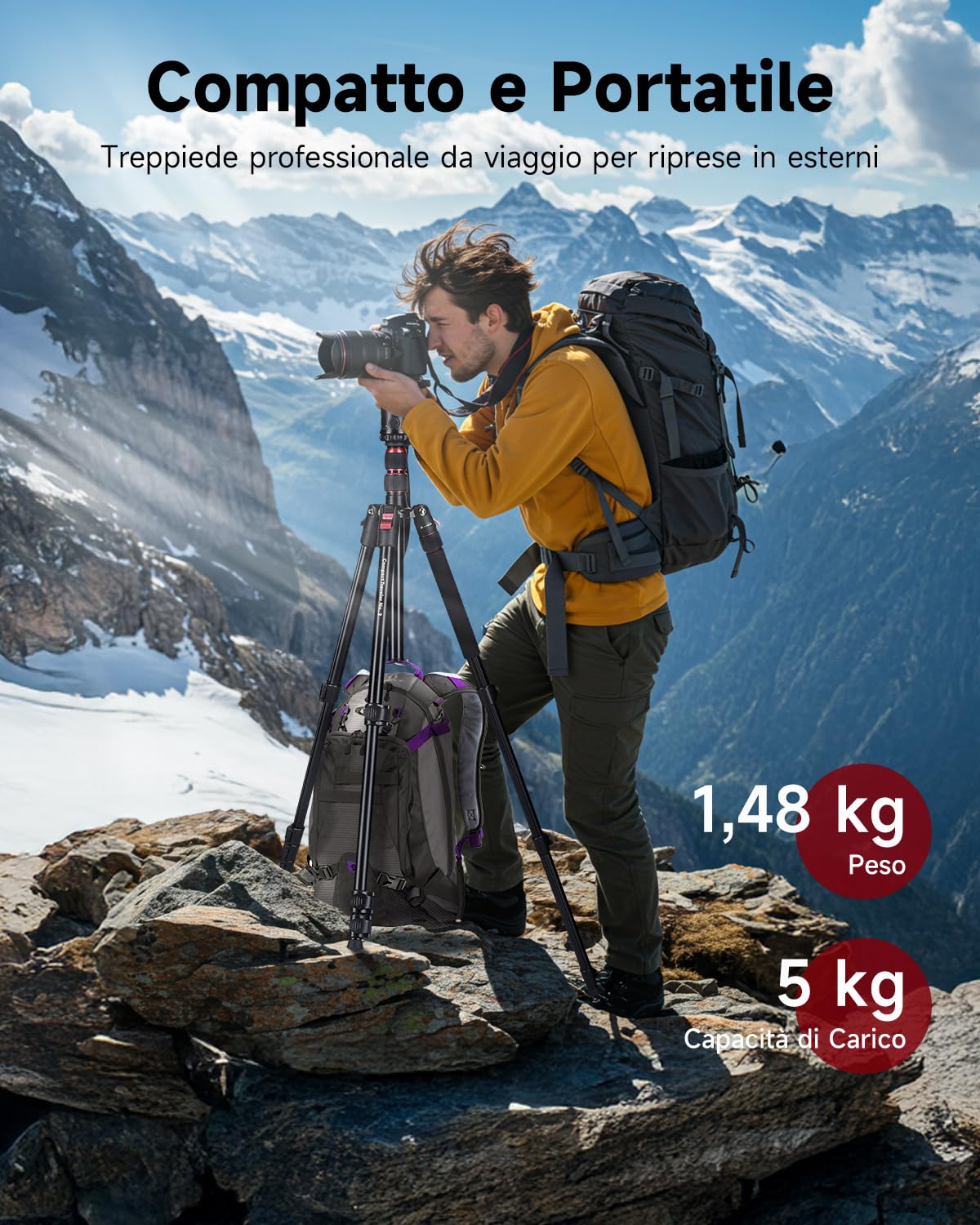 Treppiede Rollei Compact Traveler No. 2, 180cm Treppiede Fotocamera Portatile da Viaggio in Alluminio con Testa a Sfera e Funzione Monopiede Cavalletto Fotografico Compatto con Supporto per Telefono