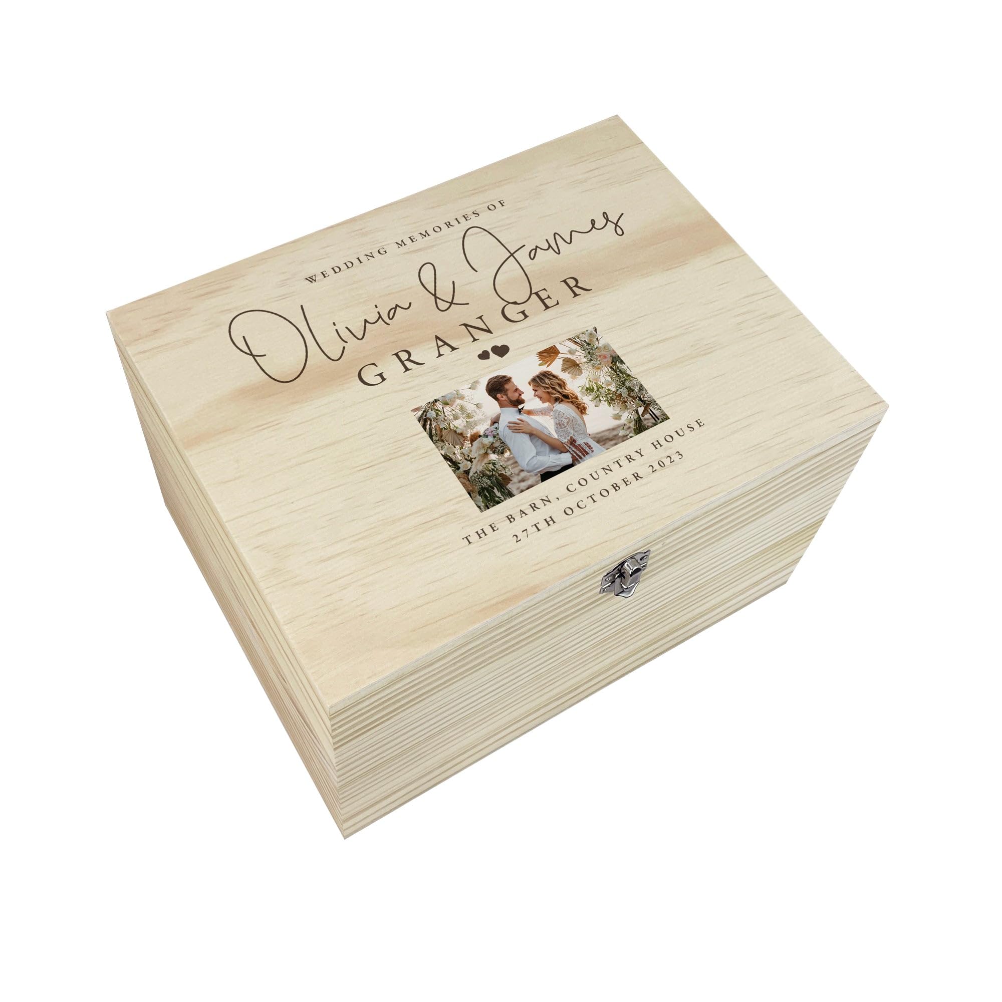 Personalised Wooden Wedding Photo Keepsake Memory Box | Custom Picture Gift | Personalised Photograph, Message, Venue, Names, Surname & Date | Perfect Wedding Day Gift | W30 x D23 x H18cm