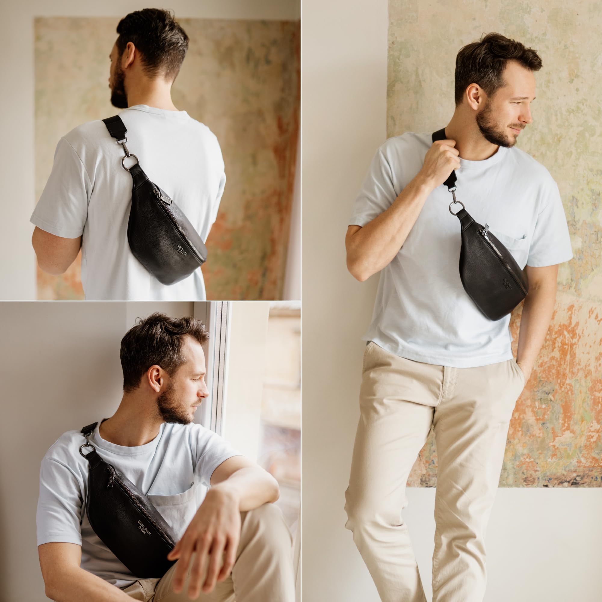 Berliner Bags Mona XL Riñonera y Bolso Bandolera de Piel Auténtica Unisex, con Cremallera YKK, Correa Ajustable y Diseño Compacto para Viajes y Uso Diario – Negro