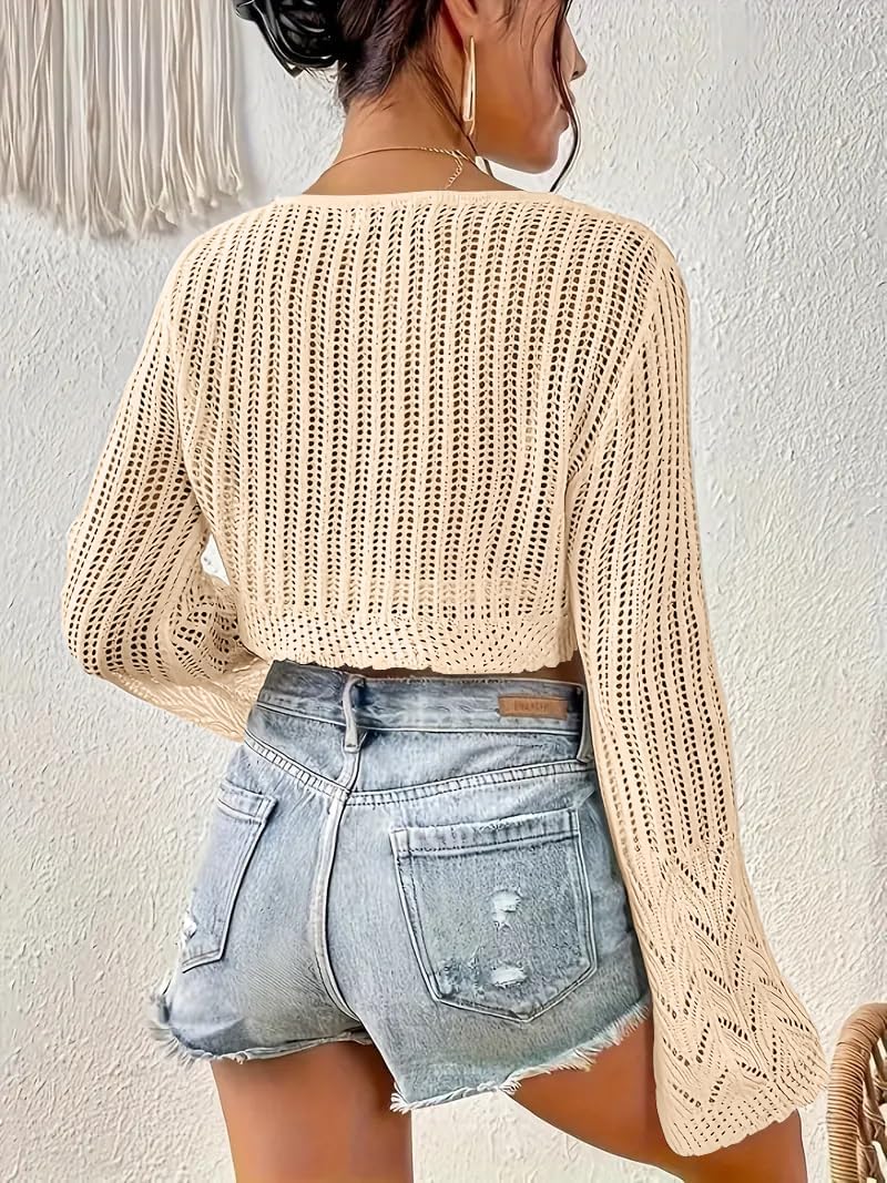 Women Crochet Sweater Lightweight Cropped Summer Tops Long Sleeve Hollow Out Knit Cover Up - Image 3