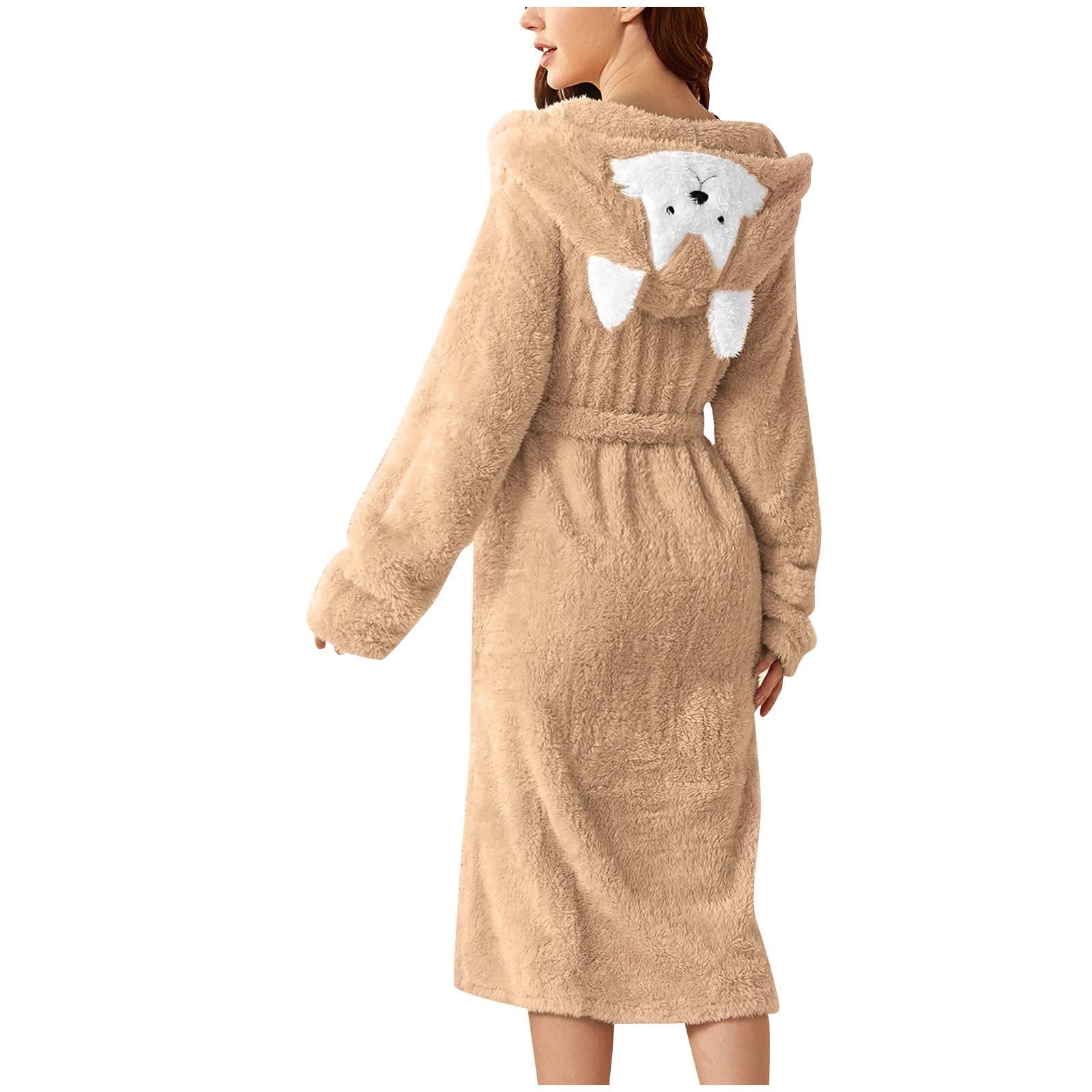 Generisch Femme Double Poche 3D Oreilles Peignoir Flanelle Doux et Chaud Double Face Velours Peignoir Pyjama et Vêtements de Maison Robe de Luxe