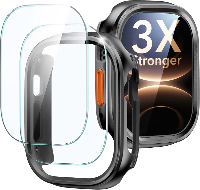 ESR Case Accessory Glass by Corning™ for Apple Watch Ultra 3/2/Ultra, Black | 49 mm All-Around Protection Case and Military-Grade Screen Protectors. Precision Metal Frame for Easy Installation
