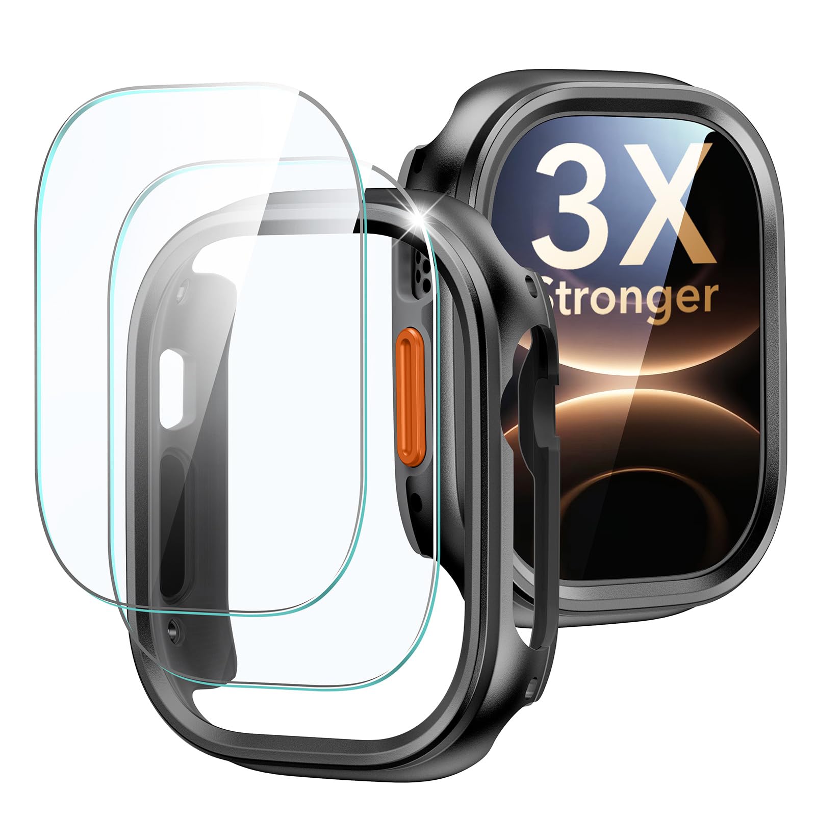 ESR Case Accessory Glass by Corning™ for Apple Watch Ultra 3/2/Ultra, Black | 49 mm All-Around Protection Case and Military-Grade Screen Protectors. Precision Metal Frame for Easy Installation
