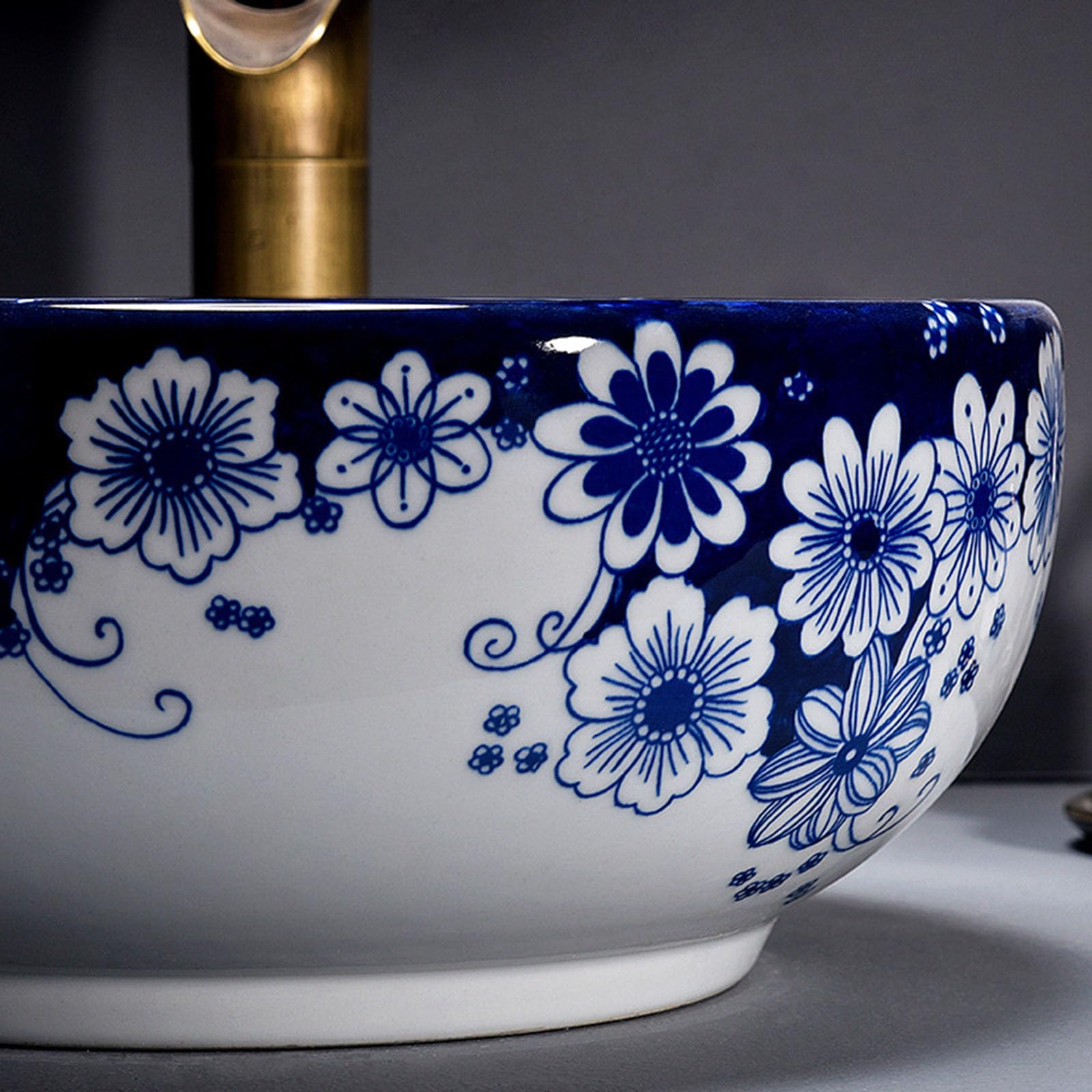 35 Cm Okrągła Umywalka Ceramiczna Nablatowa Z Białym I Niebieskim Wzorem - Nowoczesna Umywalka Nablatowa Do Łazienki, Mała Porcelanowa Umywalka Nablatowa Z Baterią