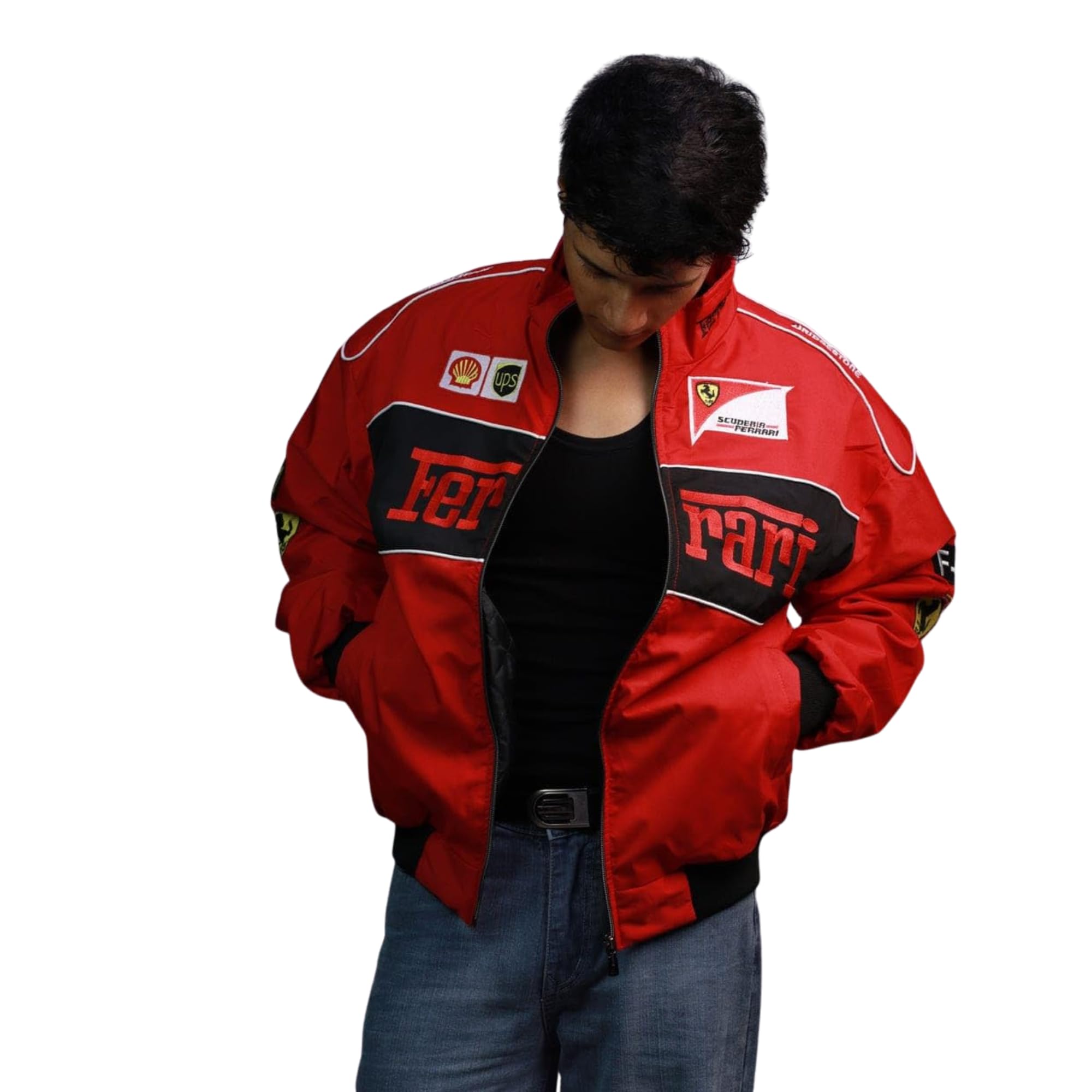 WesternVibe Men's F1 Racing Style Bomber Jacket Full Zip Lightweight Windcheater Casual Streetwear Jacket Stand Collar Ribbed Cuffs Regular Fit Winter Outerwear Red Black-picture-30