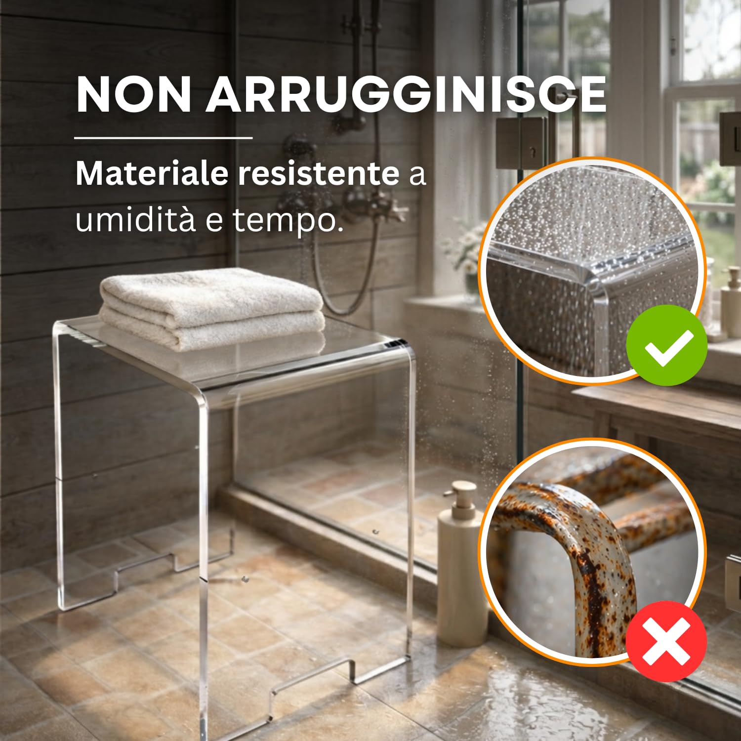 Agplex Sgabello Doccia in vetro acrilico plexig. 12mm misure 35x25x40 cm, sgabello bagno trasparente e resistente, design moderno multiuso per ogni ambiente - Made in Italy
