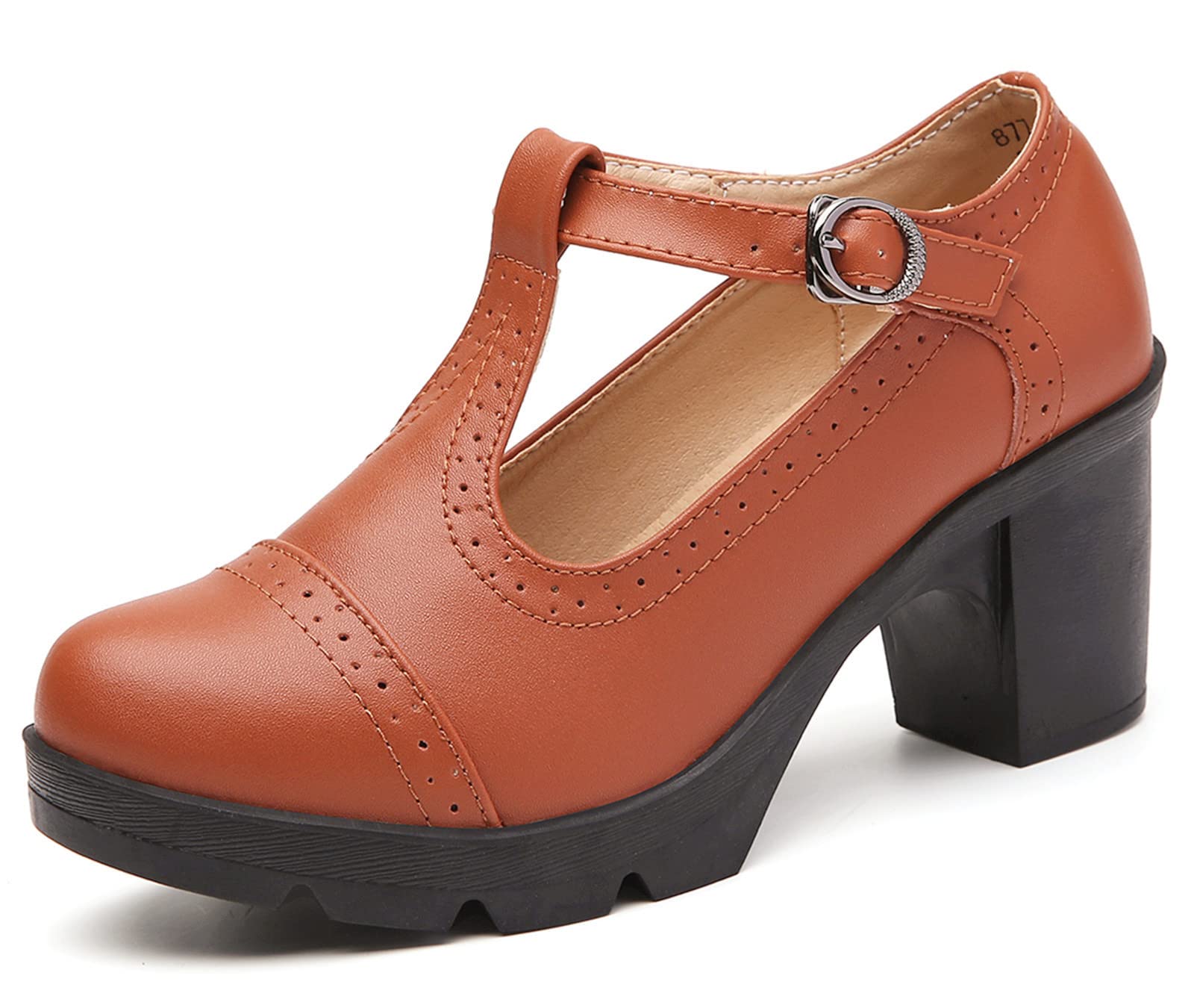 DADAWEN Women's Classic T-Strap Platform Mid-Heel Square Toe Oxfords Dress Shoes