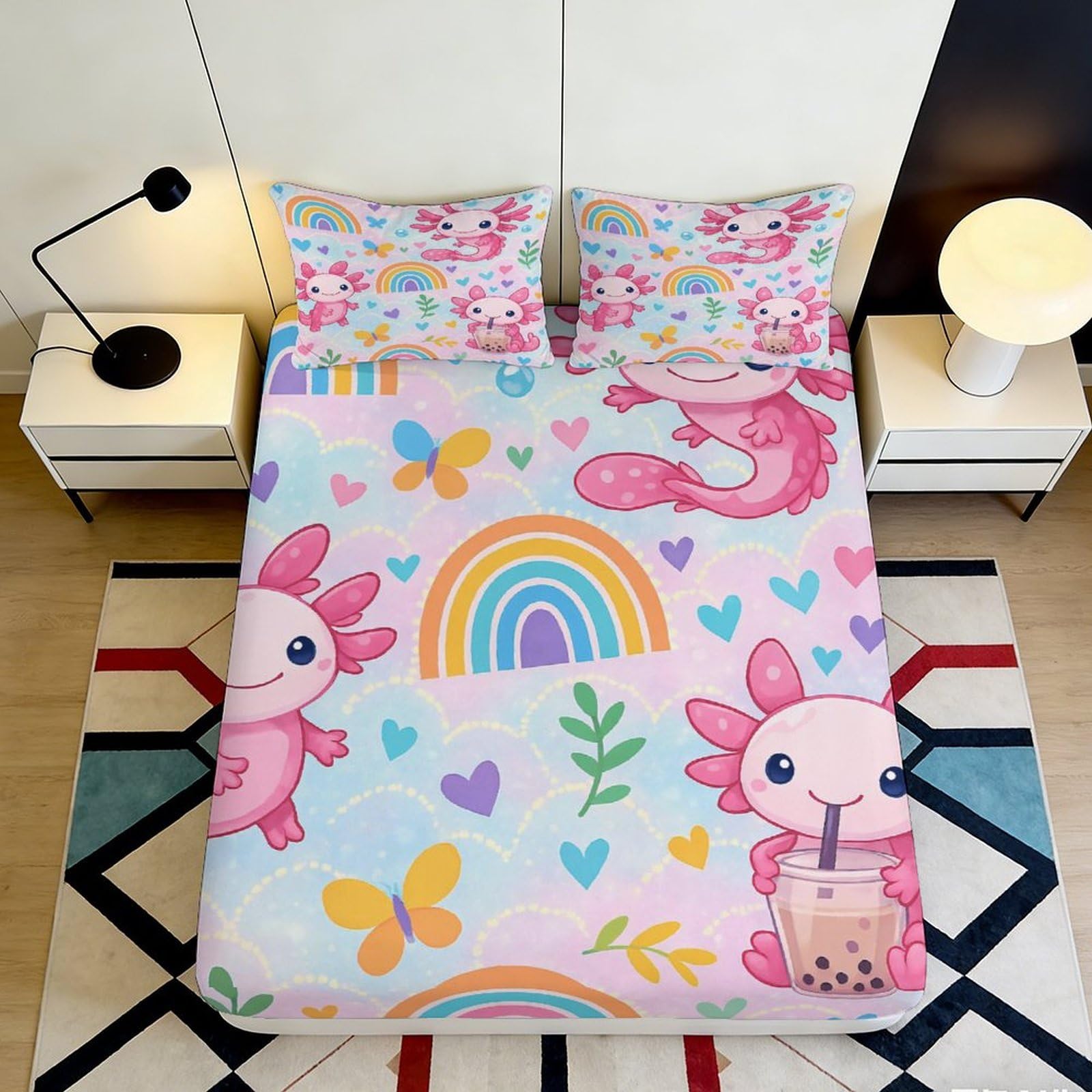 3D Printed Cute Axolotl Fitted Sheet Microfiber Soft Rainbow Butterfly Mattress Cover for Bedroom Guestroom Decor 90x200x25cm