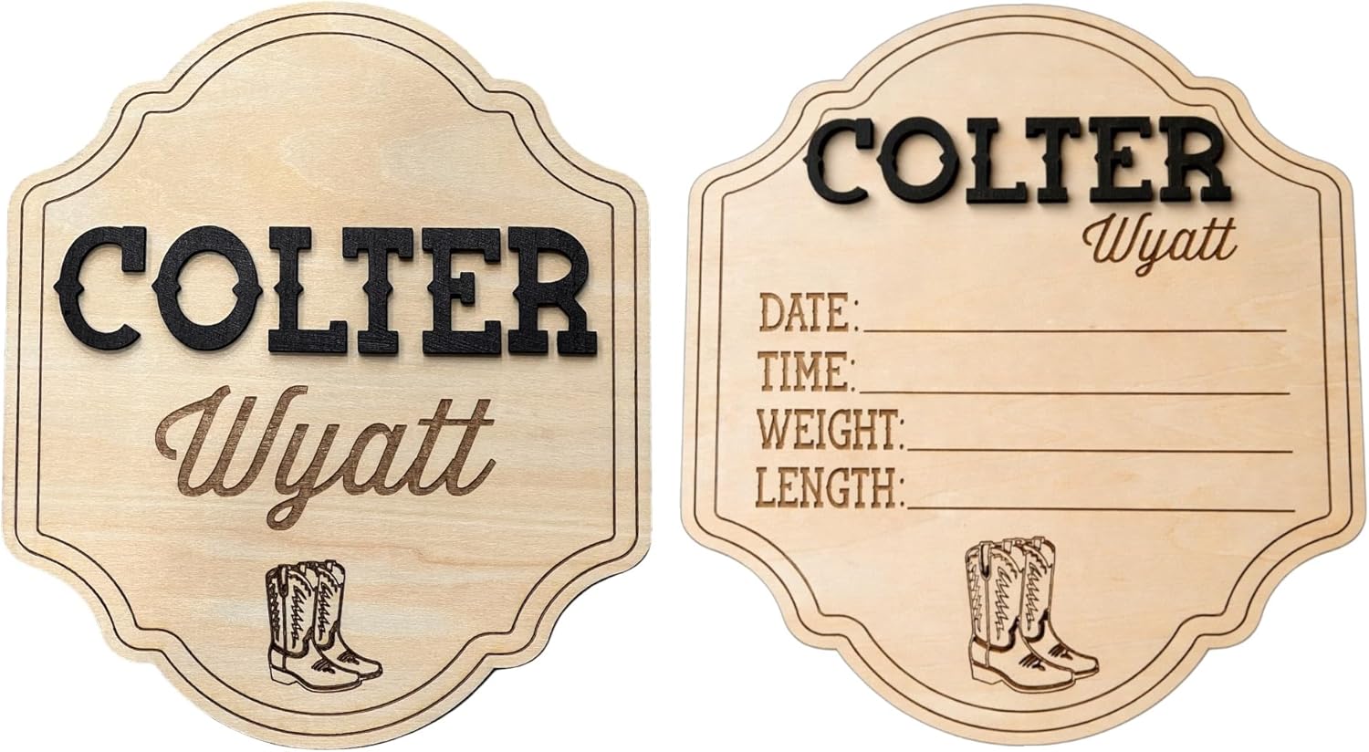 Personalized Western Baby Name Sign & Birth Stat Plaque Set, Cowboy Nursery Decor, Custom Wood Announcement, Newborn Photo Prop & Nursery Keepsake (Bundle 2 Signs)