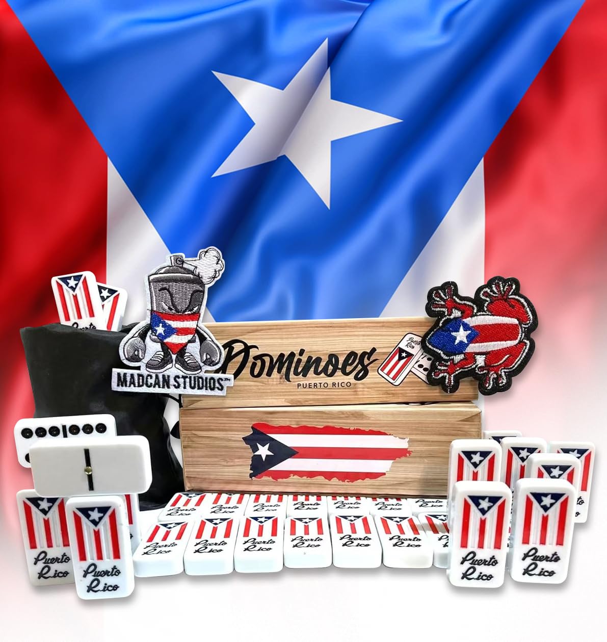 Puerto Rico Dominoes Flag Domino Set Tiles Boricua PR Puerto Rican Classic Must Have No Box Travel Bag Included, Adult Size, Perfect for Seniors,