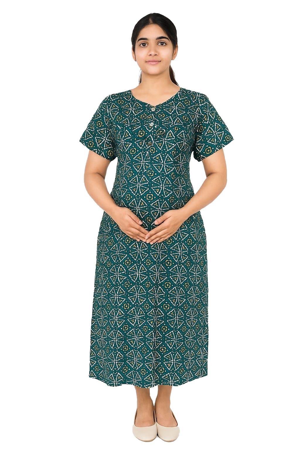 Dark Green Floral Pure Cotton Maternity Maxi/Nighty/Free Size/Feeding/Nursing/Zipper/with Pocket-image-45