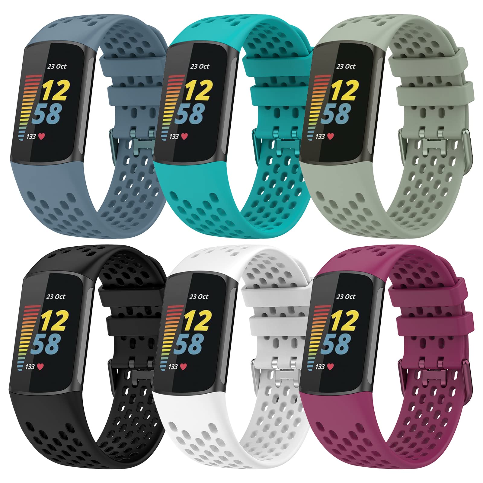 TopPerfekt Sport Armbänder Kompatibel mit Fitbit Charge 6 Armband, Verstellbares Atmungsaktives Weiches Silikon Sport Ersatz Uhrenarmband Armbänder Armband für Charge 5 Activity Tracker Damen Herren