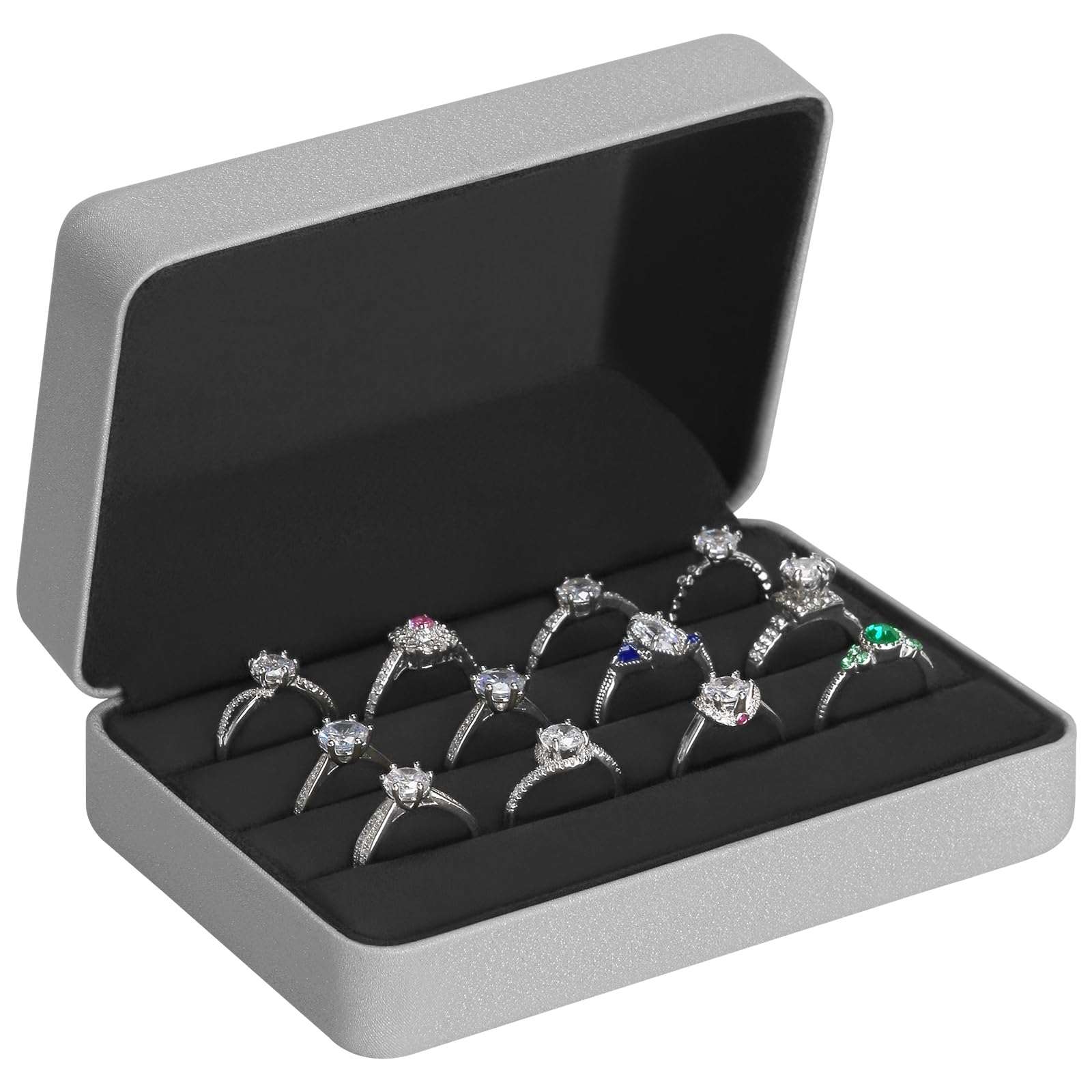 KUKUVR Velet Ring Storage Box for Multiple Rings, Travel Jewelry Stud Earrings Holder Case, 3 Slot Portable Ring Display Organizer Case (Silver)